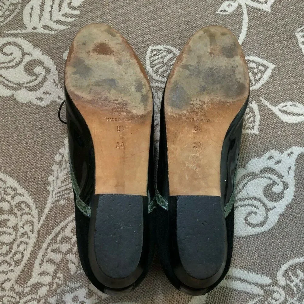 Vintage Oxfords! Black Patent Lace Up W/Green Snakeskin Trim 8.5 Narrow AA - Picture 7 of 9